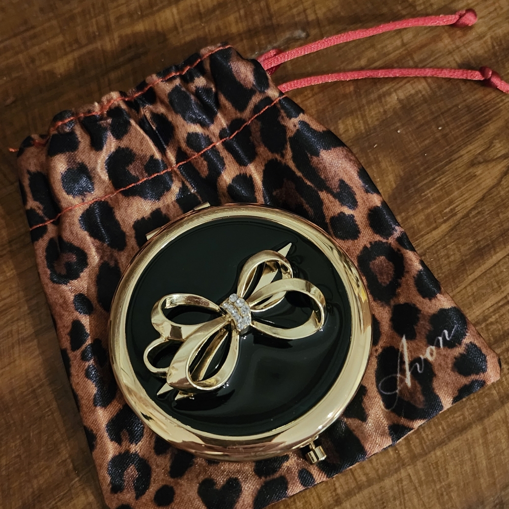 Avon Gold and Black Bow Compact with Leopard Pouch